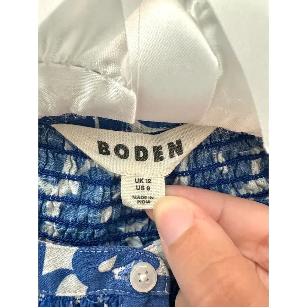 BODEN Effie Printed Top Blue White Floral Smocked Cotton Blouse Sz 8 Cottagecore